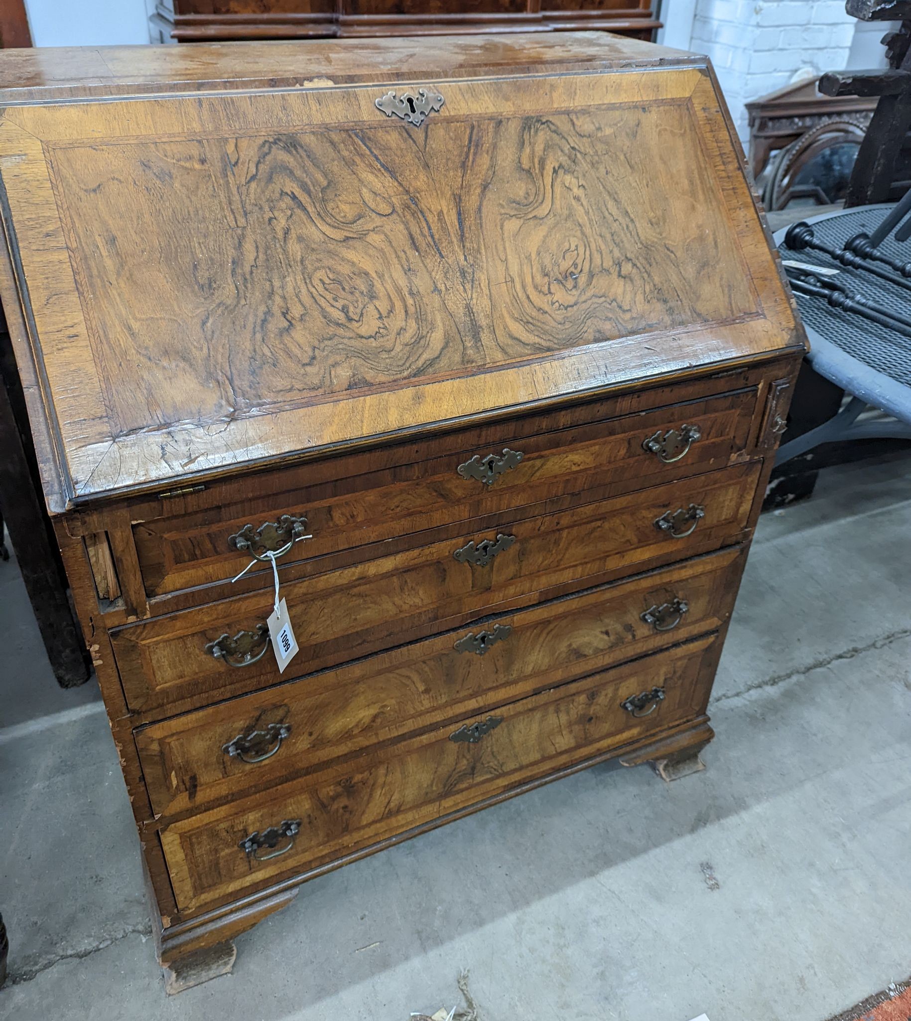 A Queen Anne revival walnut bureau, width 82cm, depth 52cm, height 101cm